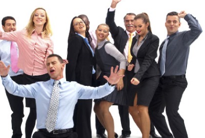Image of a group of young business people cheering representing the need for project success criteria.