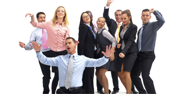 Image of a group of young business people cheering representing the need for project success criteria.