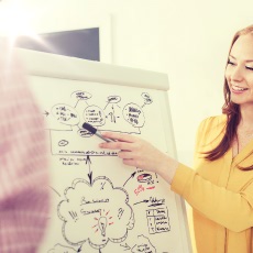 Woman pointing to whiteboard making a project proposal.