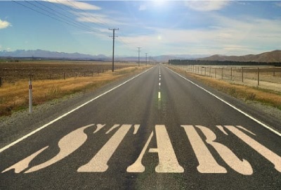 Image of two lane country road with the word 'Start' across the road depicting the start of the disaster recovery activation process.